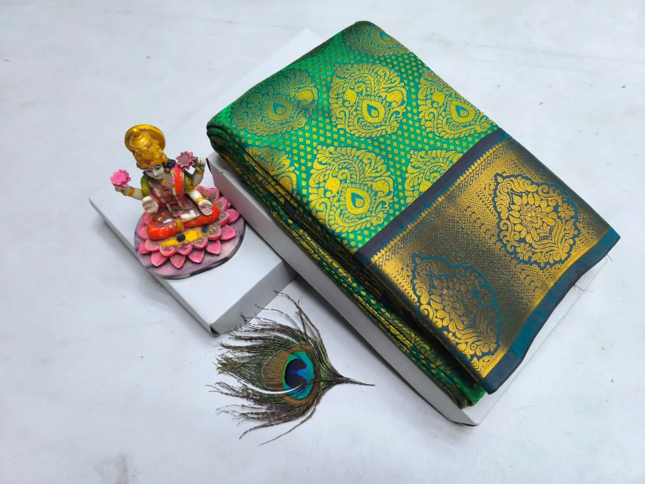 Parrot Green with Peacock Blue Floral Zari Border Buttas Kanchipuram Silk Saree